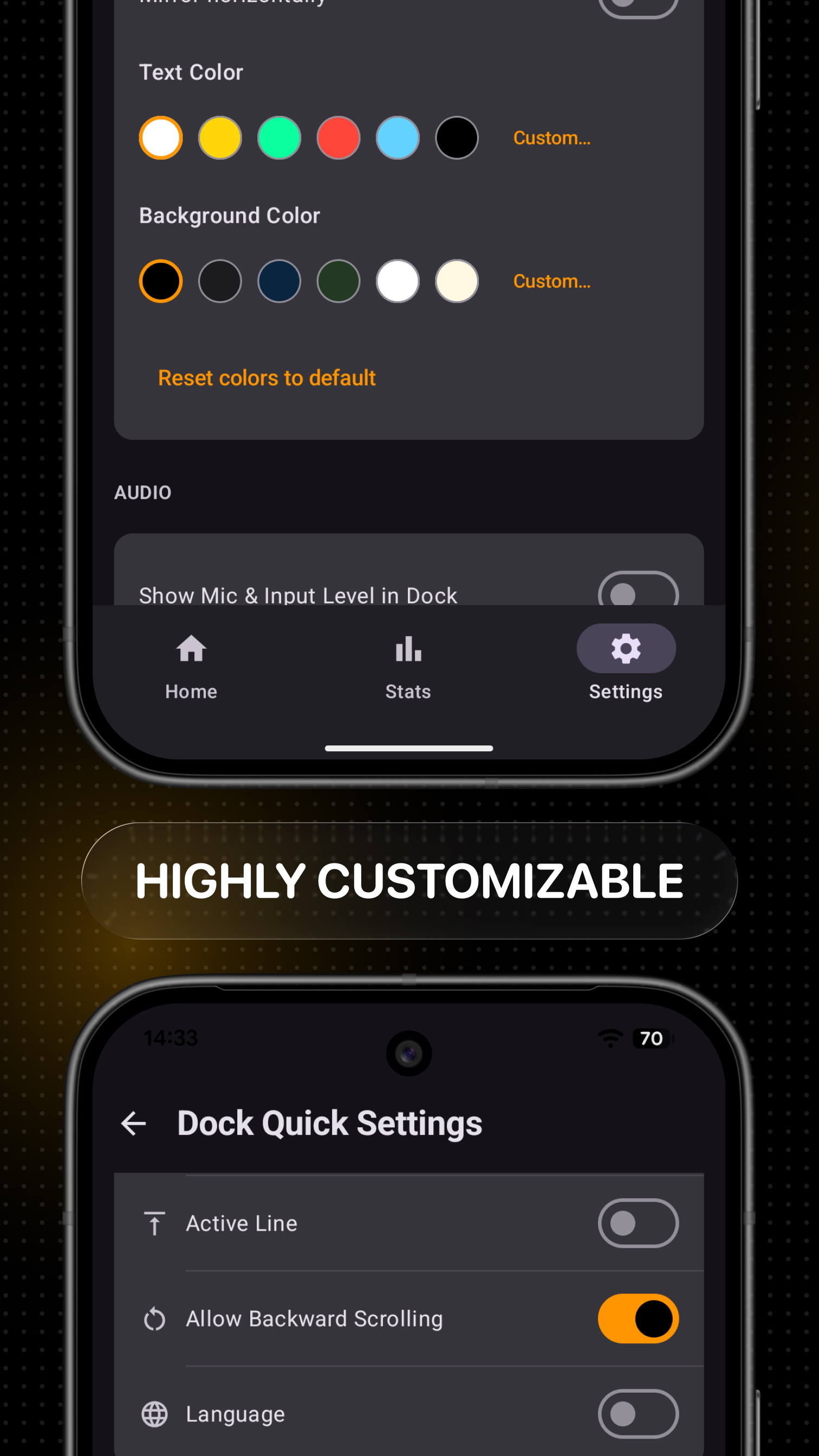 Customizable Android teleprompter settings for colors, spacing, margins, and controls