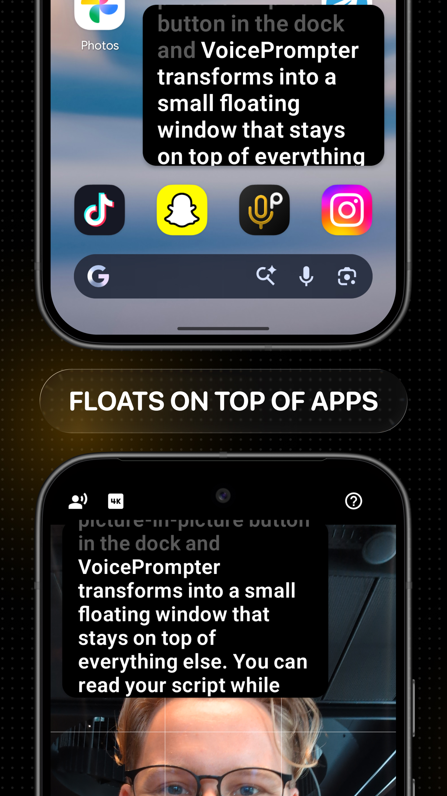 VoicePrompter in an Android picture-in-picture window over another app