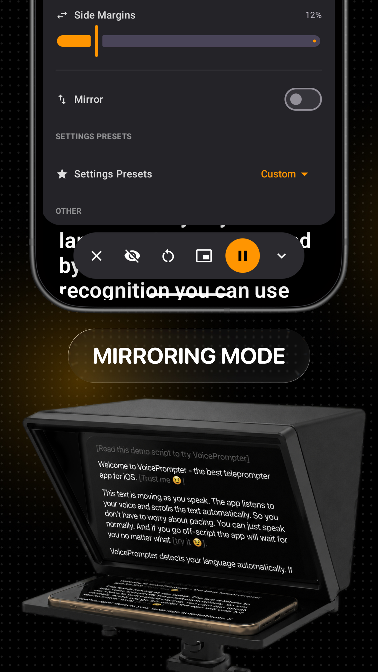Mirroring mode for beam-splitter teleprompter rigs on Android