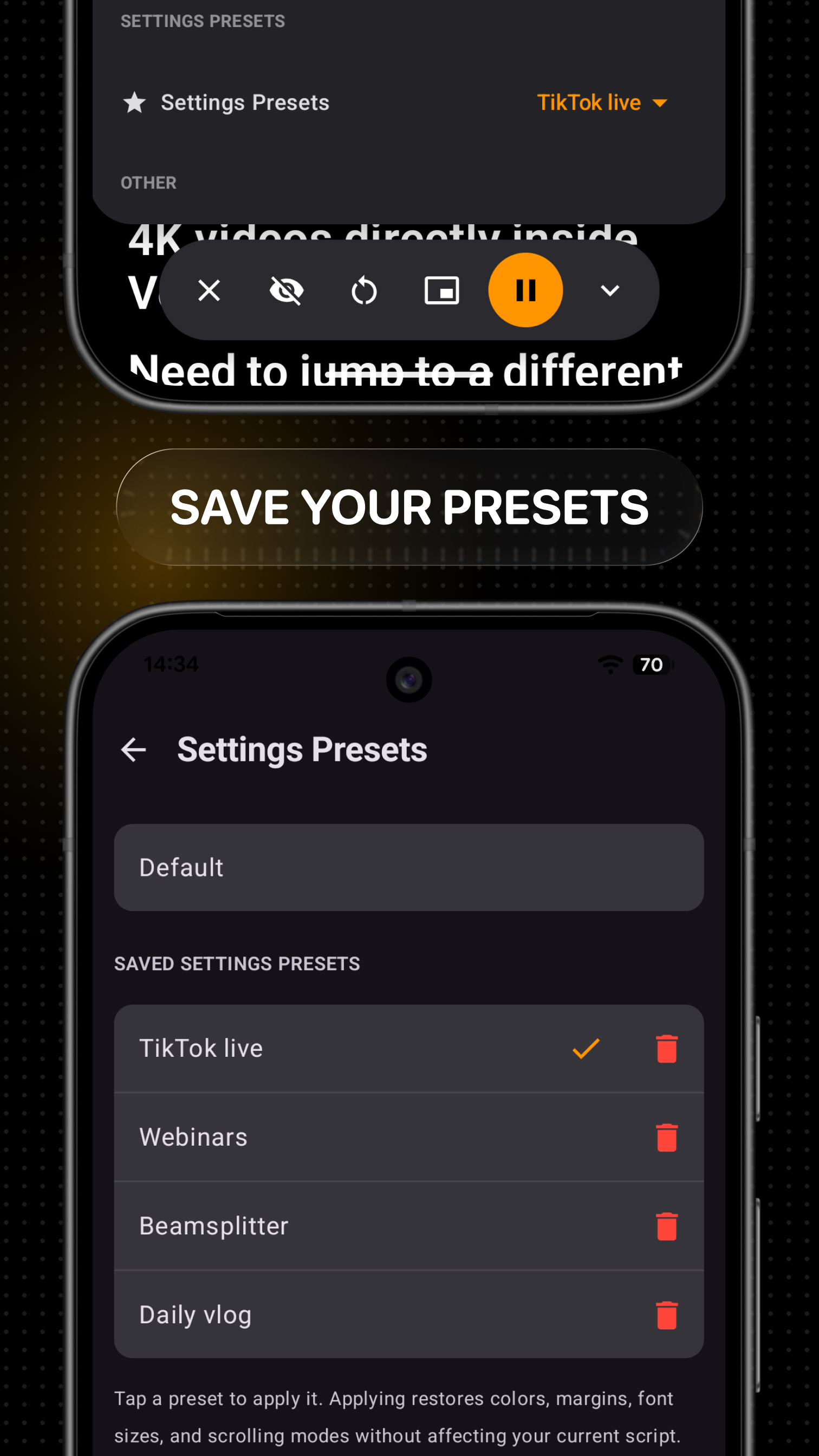 Saved teleprompter settings presets in VoicePrompter for Android