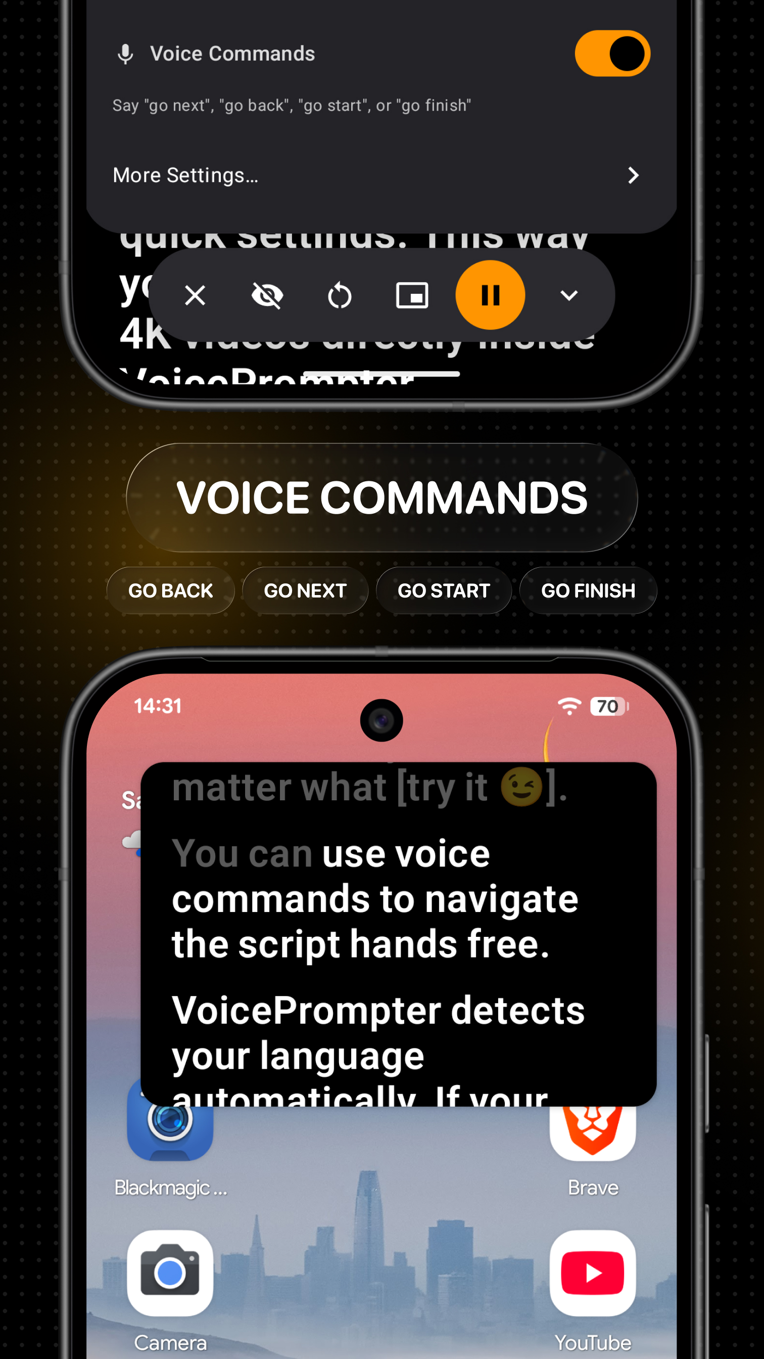 Hands-free voice commands controlling the Android teleprompter