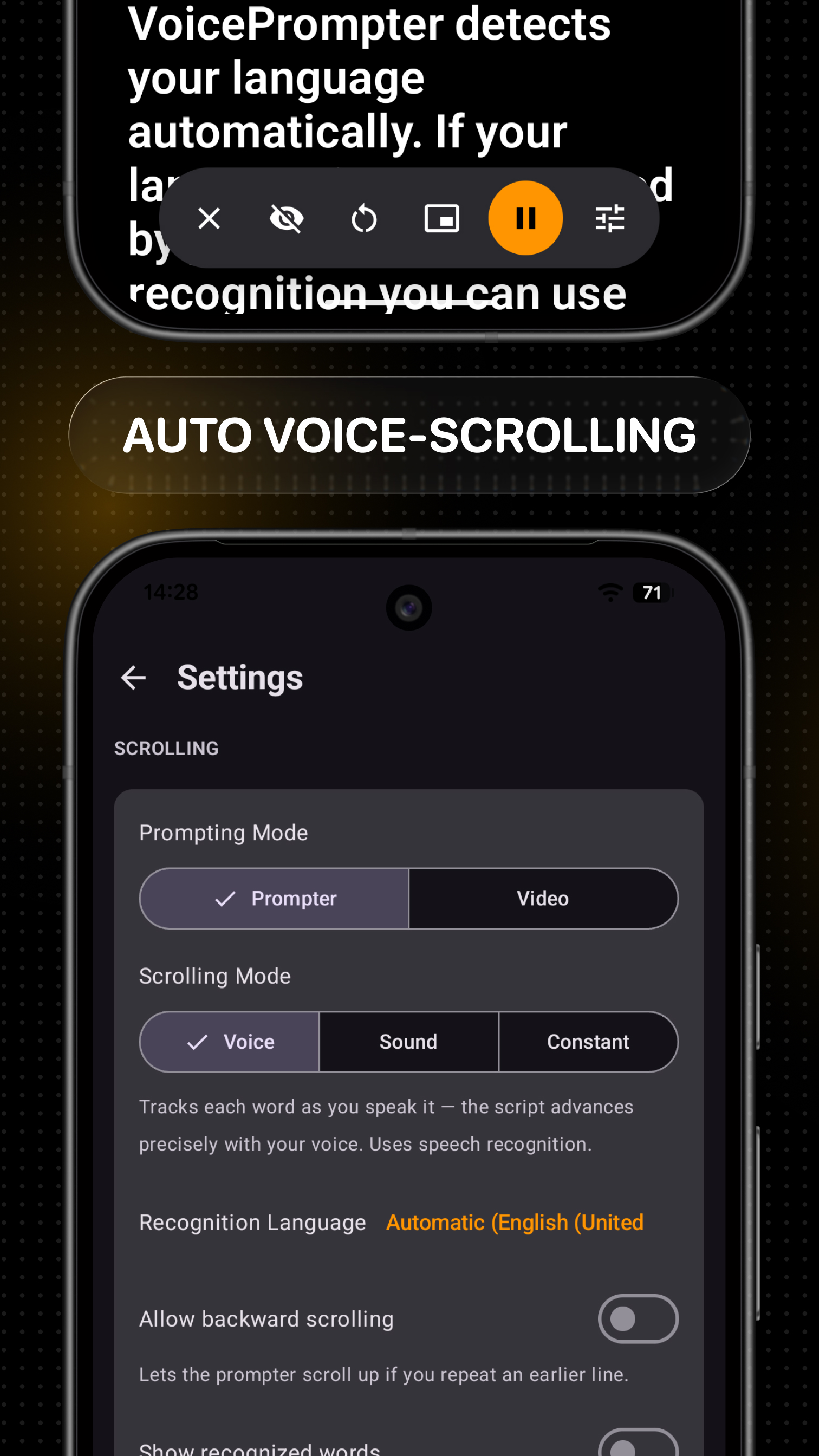 Voice scrolling on Android: the teleprompter follows speech word by word