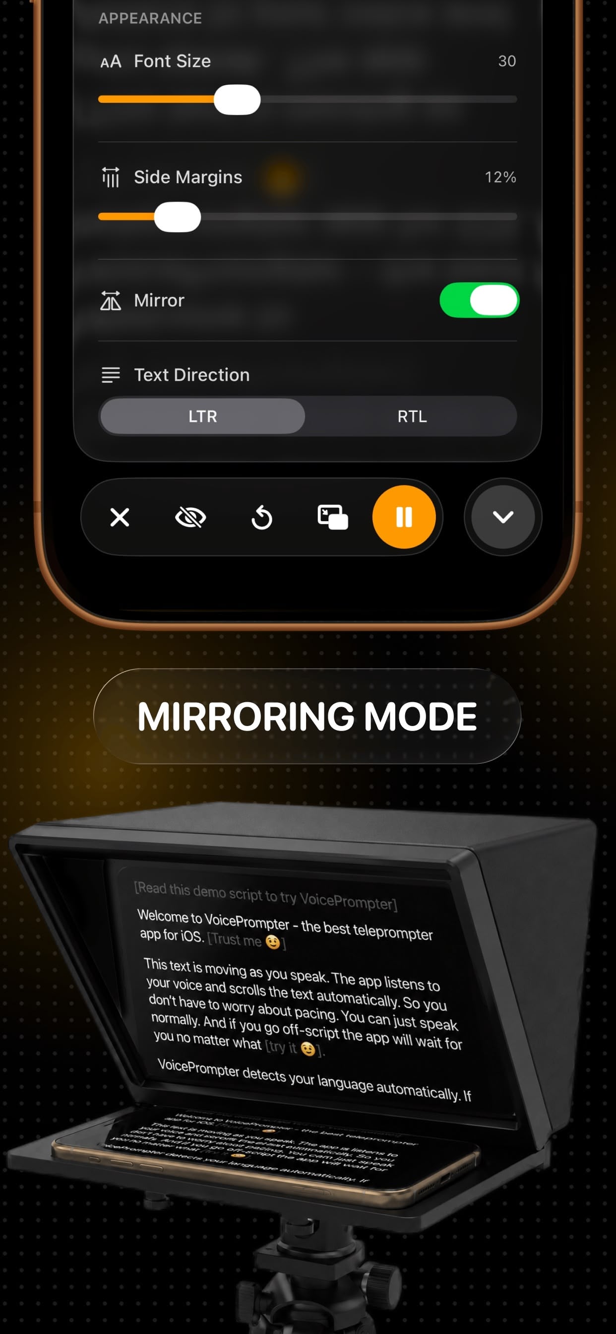 Mirroring mode for beam-splitter teleprompter rigs on iPhone
