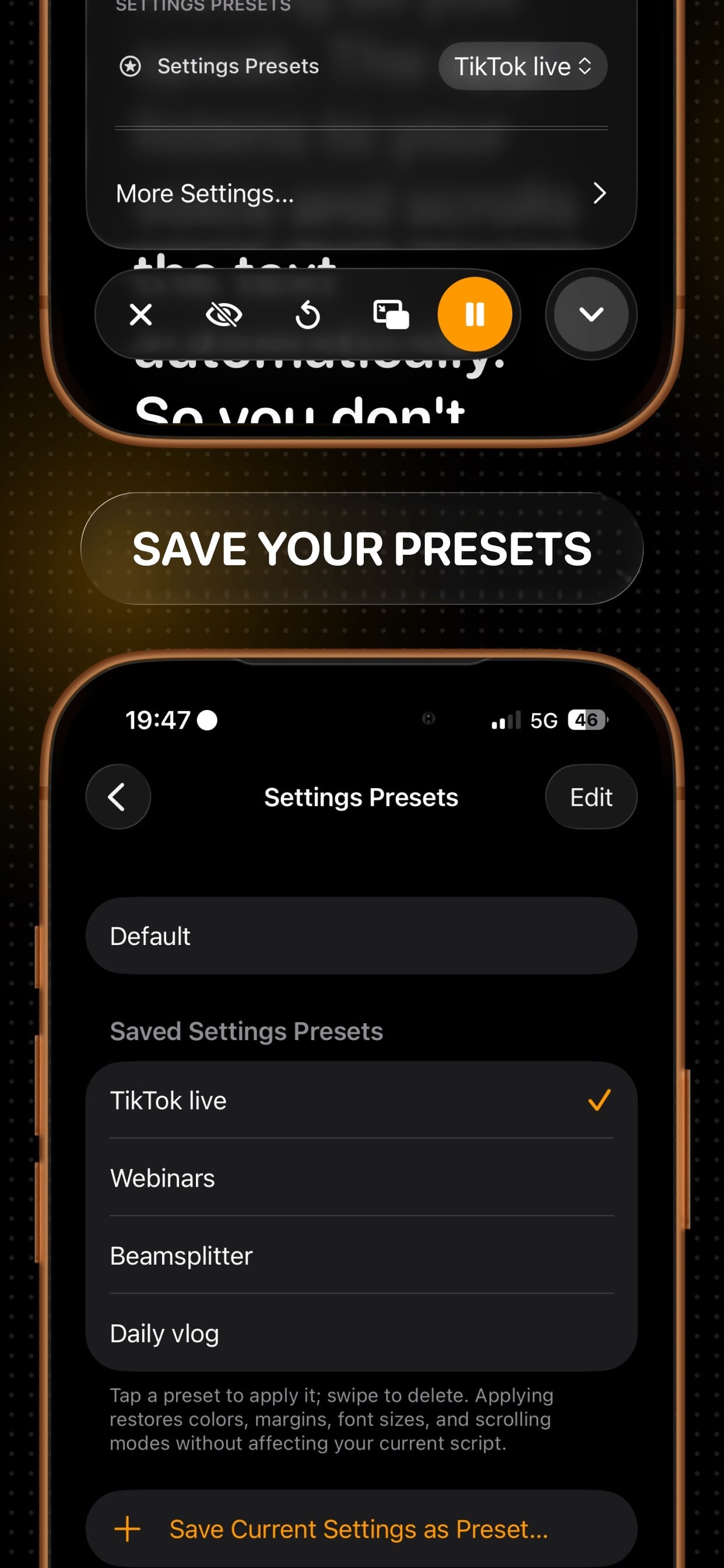 Setting presets in VoicePrompter for iPhone: save and switch setups in one tap