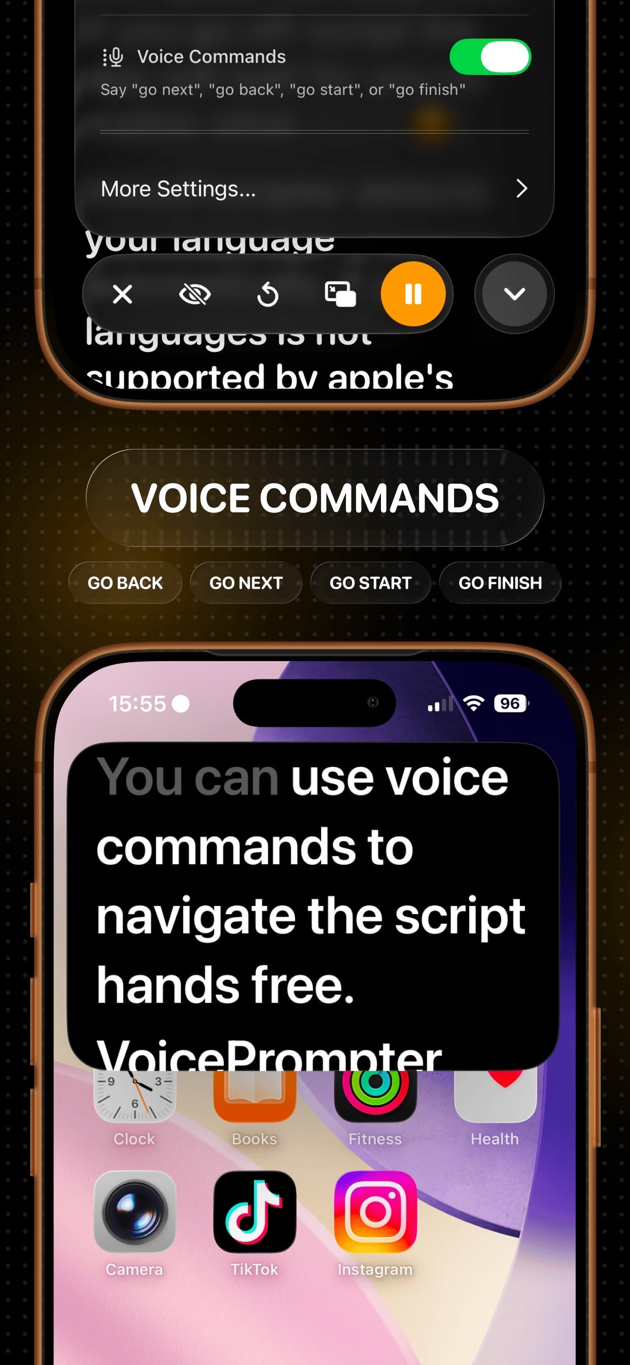Hands-free voice commands controlling the iPhone teleprompter