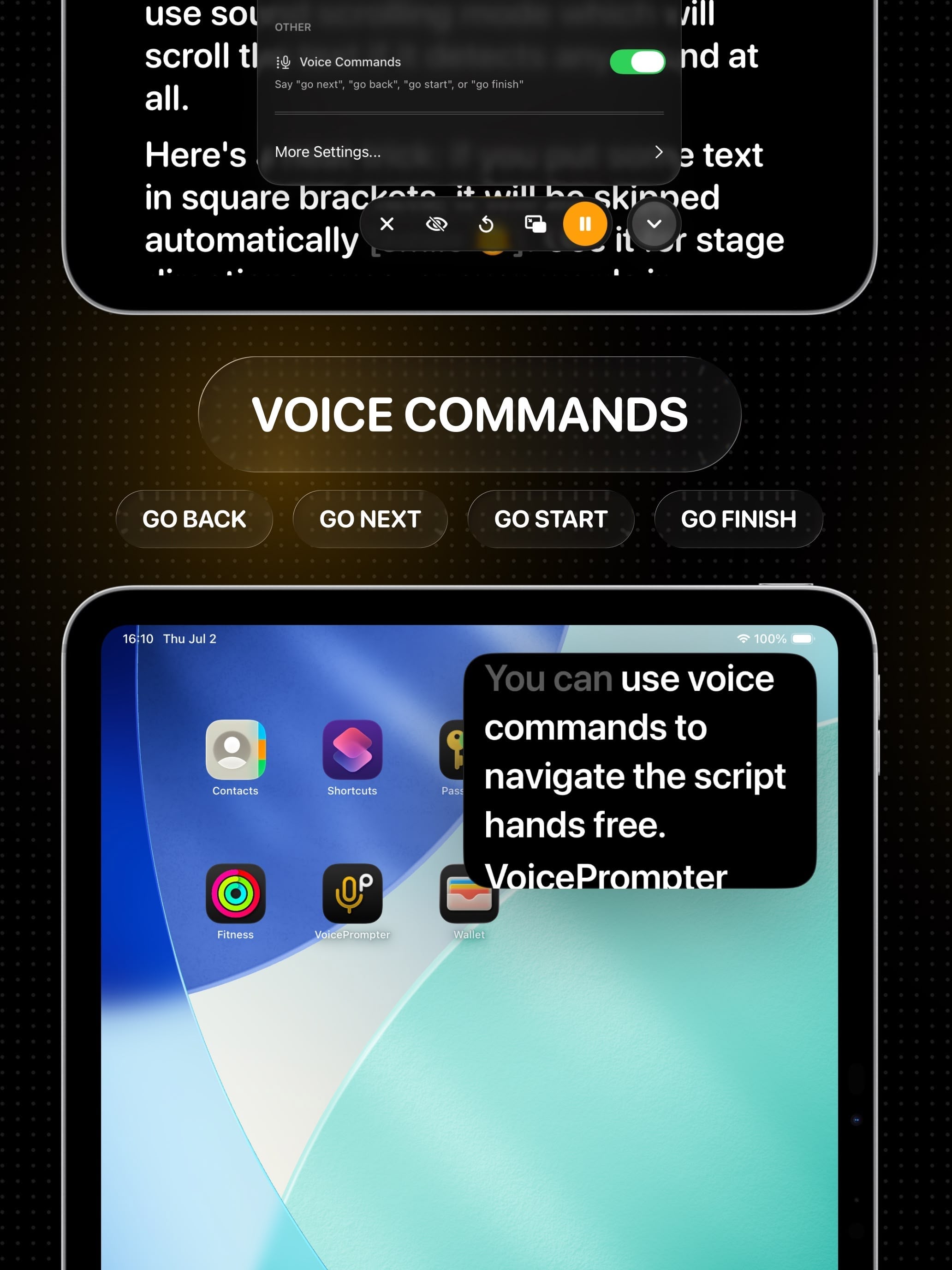 Hands-free voice commands controlling the iPad teleprompter