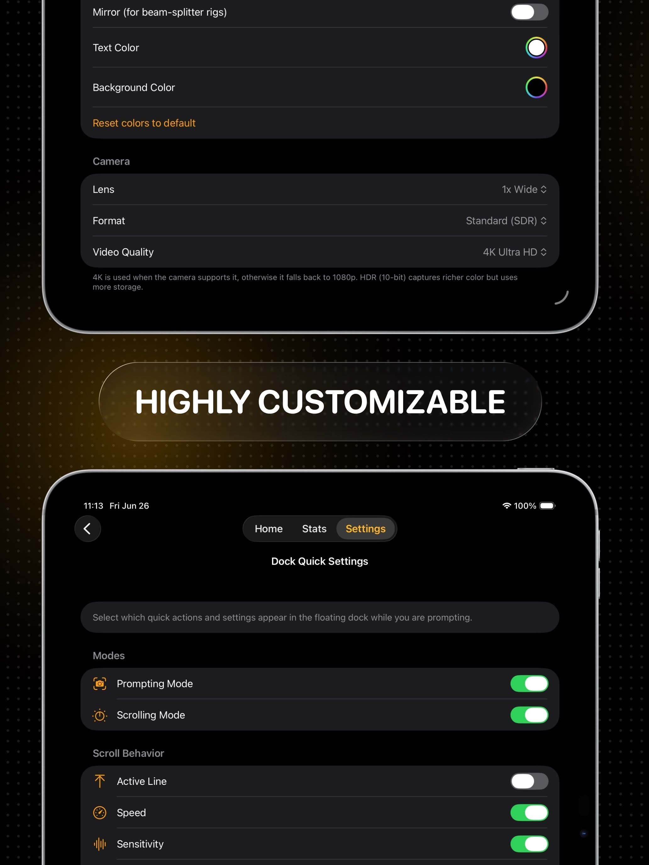 Customizable teleprompter display settings on iPad: fonts, colors, spacing, and margins
