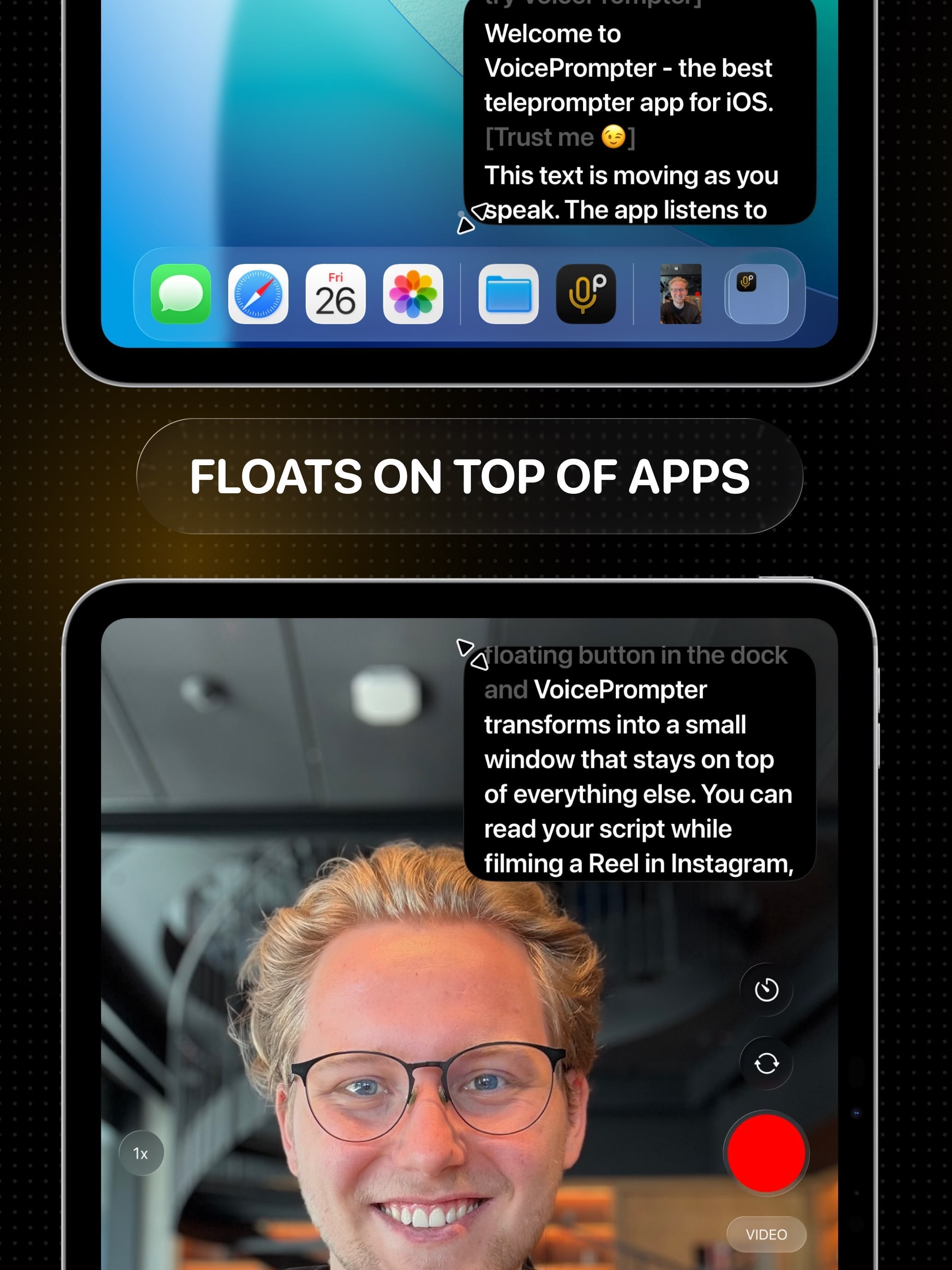 Floating picture-in-picture teleprompter window on top of other iPad apps