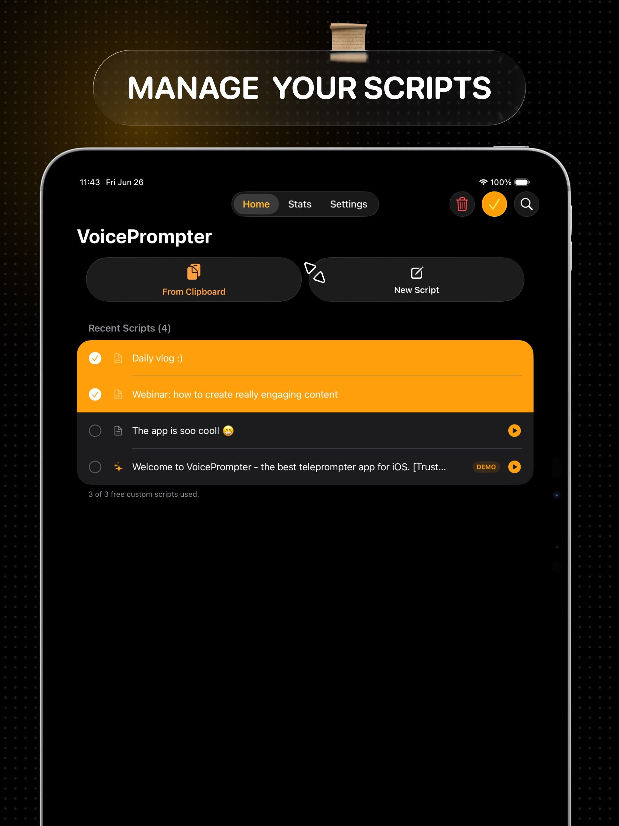 Scripts library with search in the VoicePrompter iPad app