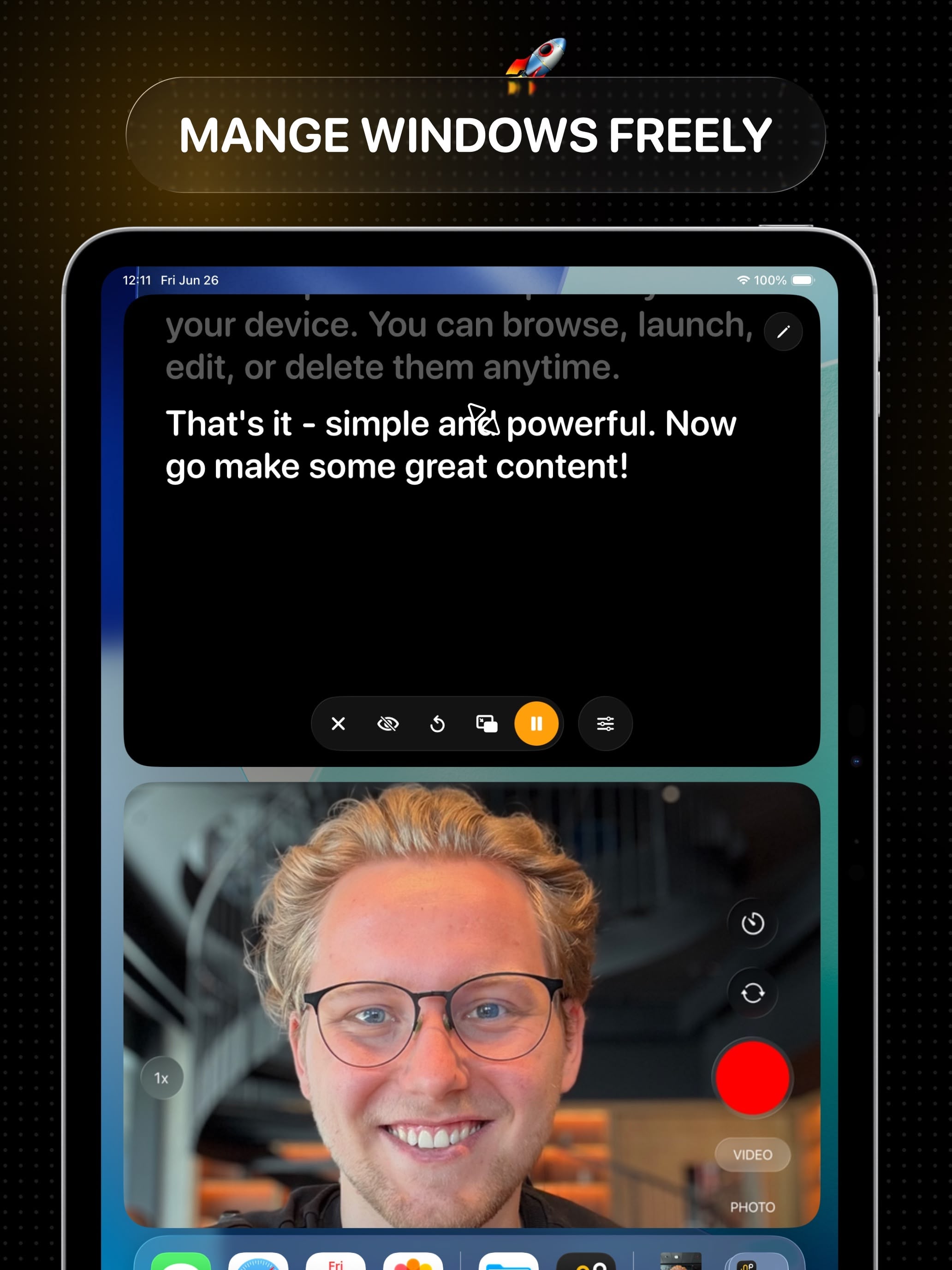 Prompter and camera running side by side as freely arranged windows on iPad